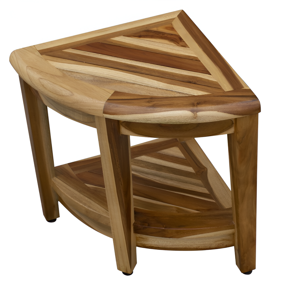 22" Natural Teak Corner Shower Bench With Shelf