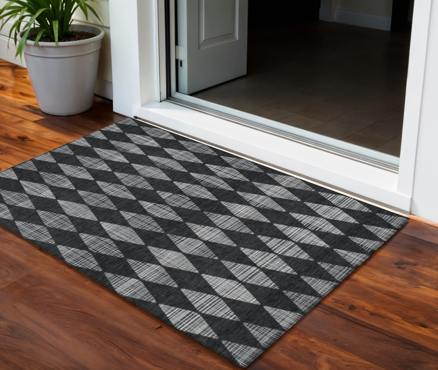 3' X 5' Charcoal Geometric Washable Indoor Outdoor Area Rug