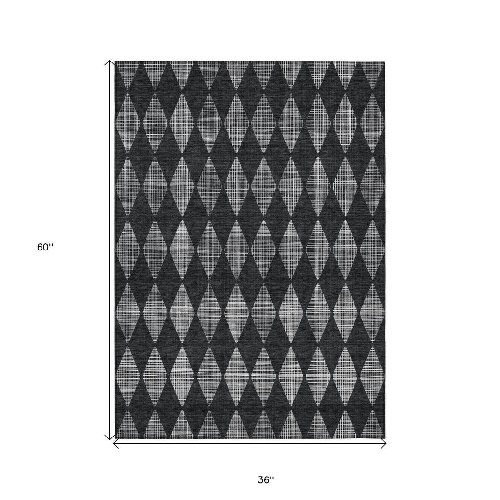 3' X 5' Charcoal Geometric Washable Indoor Outdoor Area Rug