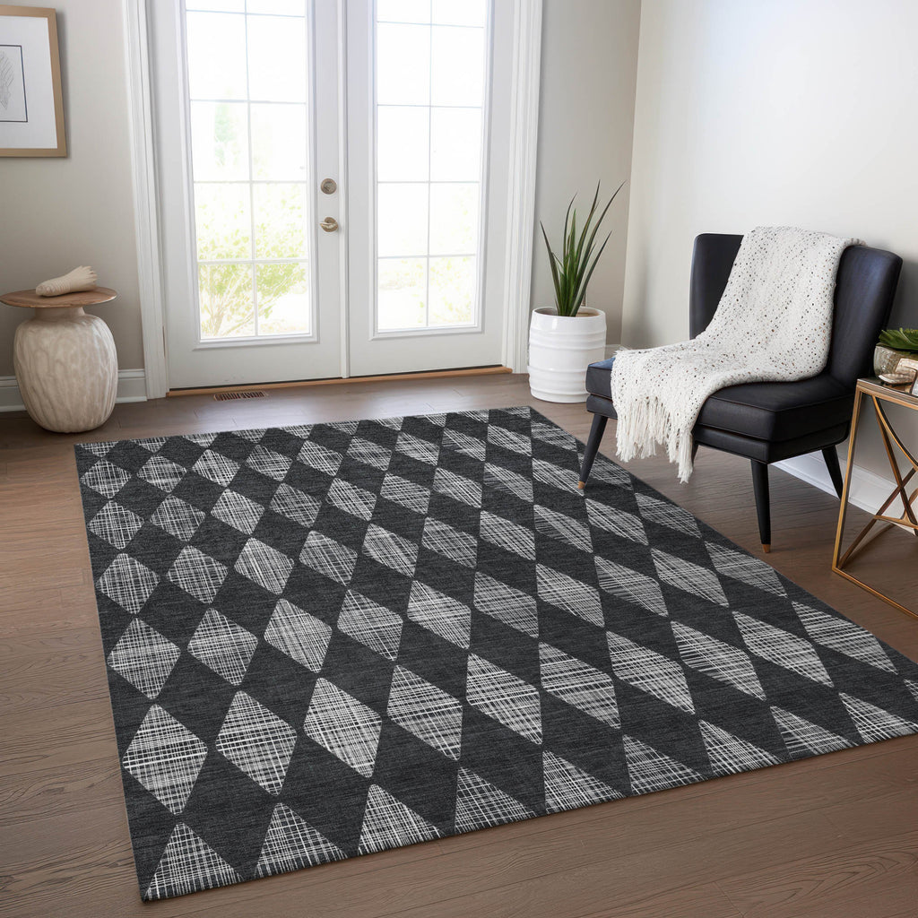 3' X 5' Charcoal Geometric Washable Indoor Outdoor Area Rug
