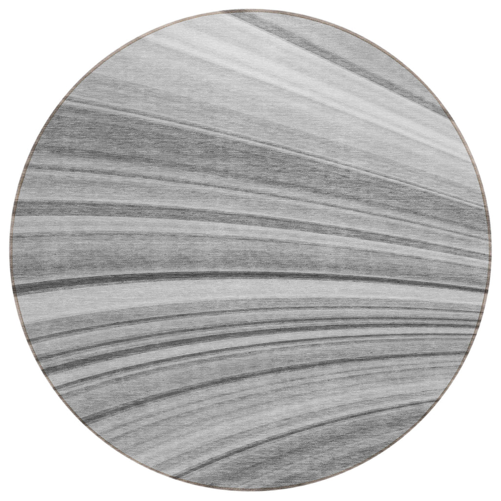 8' Gray Silver And Ivory Round Abstract Washable Indoor Outdoor Area Rug