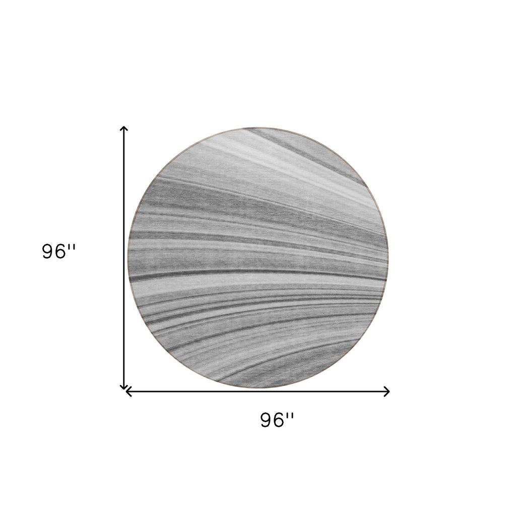 8' Gray Silver And Ivory Round Abstract Washable Indoor Outdoor Area Rug