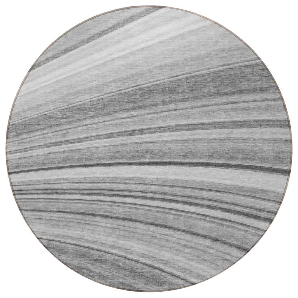 8' Gray Silver And Ivory Round Abstract Washable Indoor Outdoor Area Rug