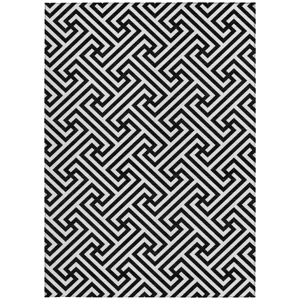 8' X 10' Black And Ivory Geometric Washable Indoor Outdoor Area Rug