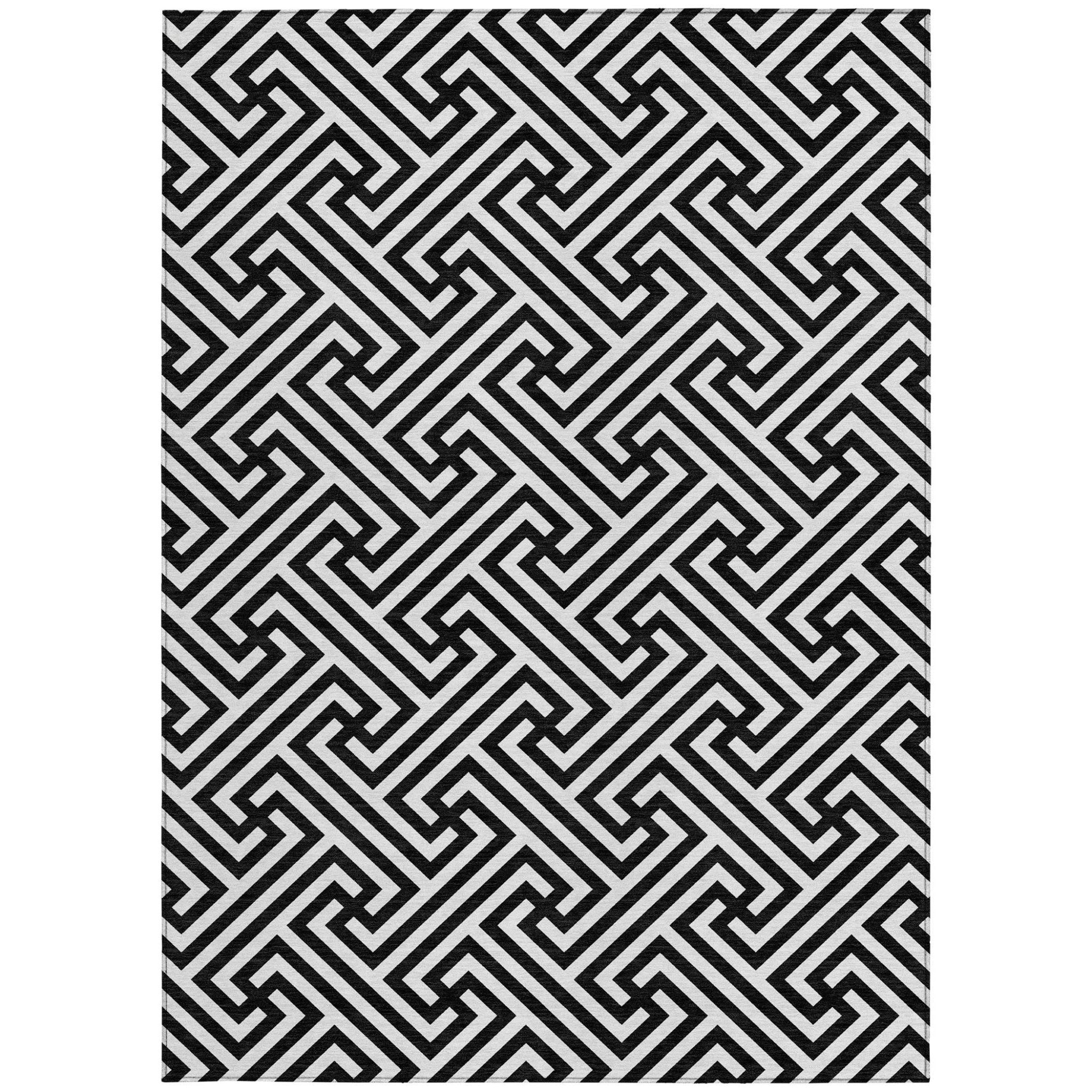8' X 10' Black And Ivory Geometric Washable Indoor Outdoor Area Rug