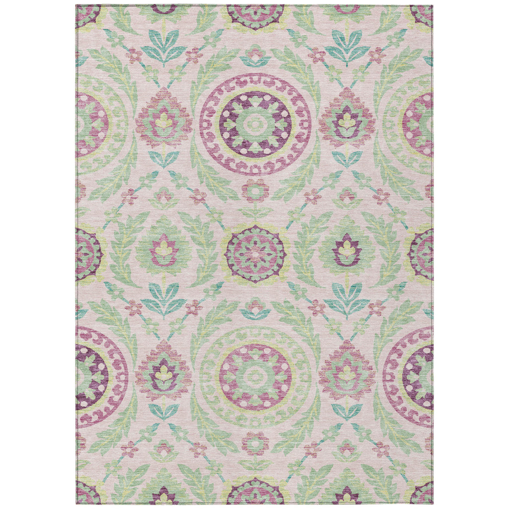 5' X 8' Pink Mauve And Mint Green Floral Washable Indoor Outdoor Area Rug
