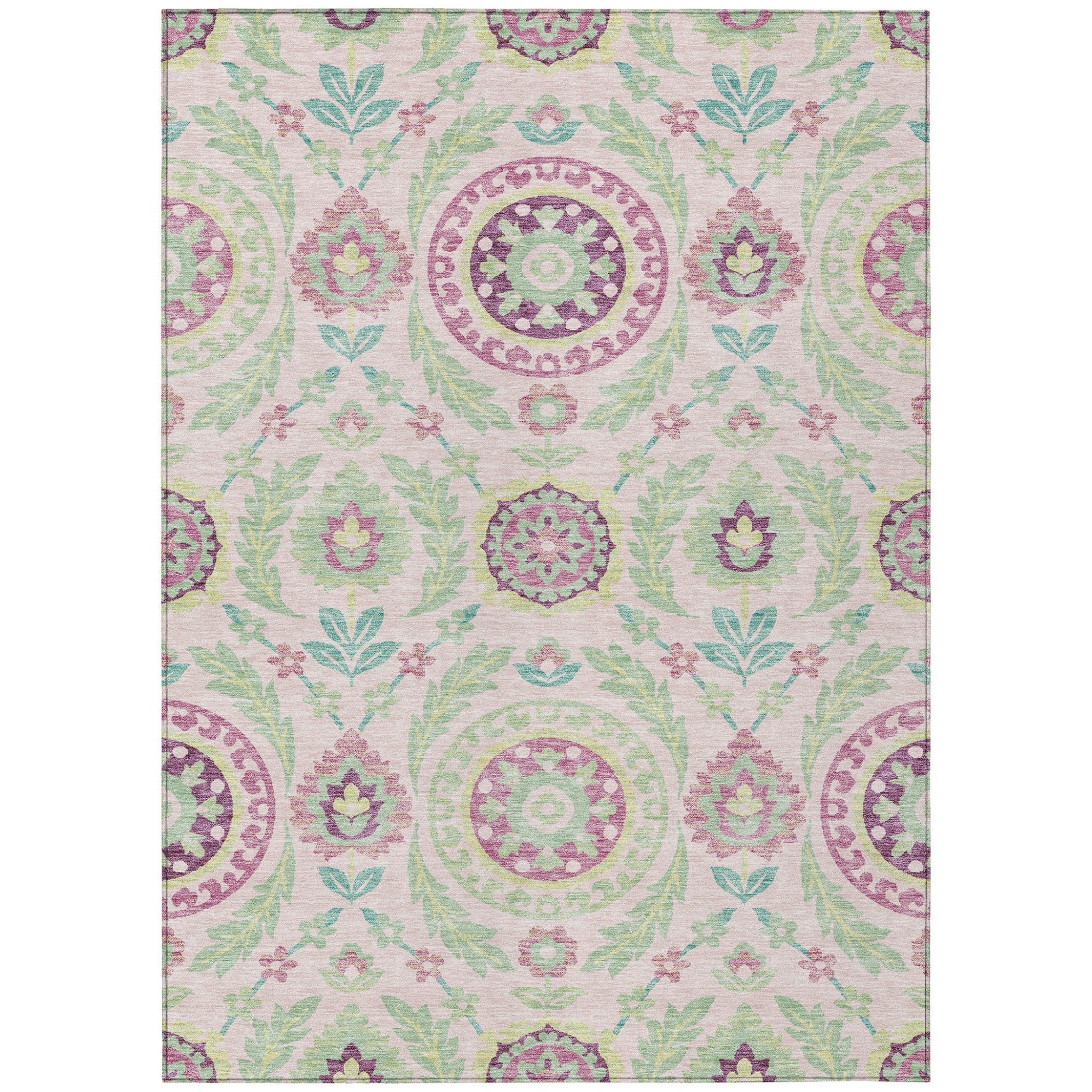 5' X 8' Pink Mauve And Mint Green Floral Washable Indoor Outdoor Area Rug