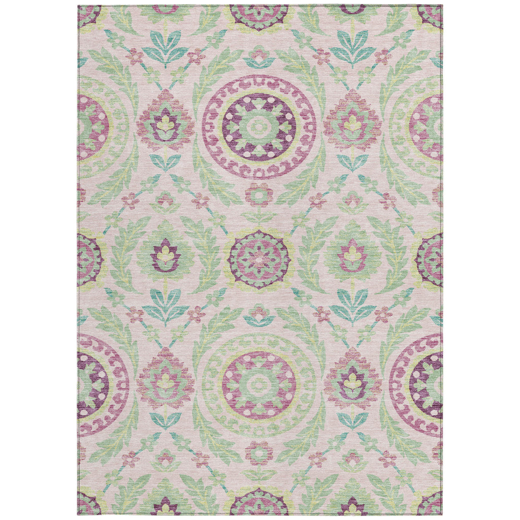 5' X 8' Pink Mauve And Mint Green Floral Washable Indoor Outdoor Area Rug