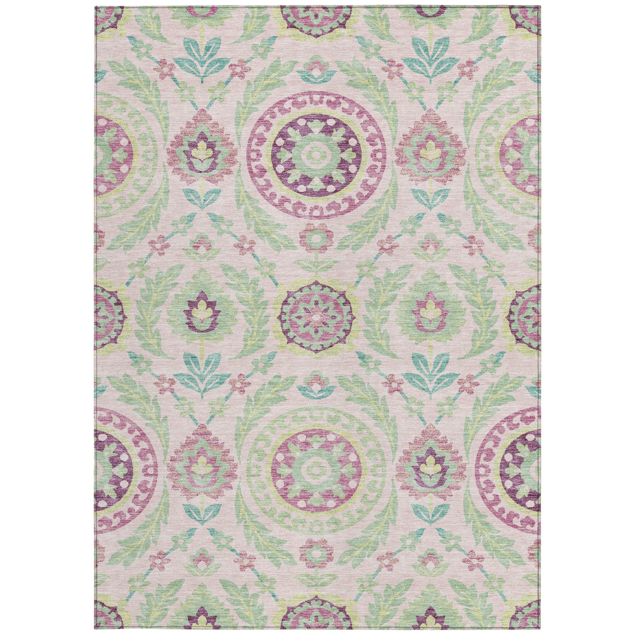 5' X 8' Pink Mauve And Mint Green Floral Washable Indoor Outdoor Area Rug