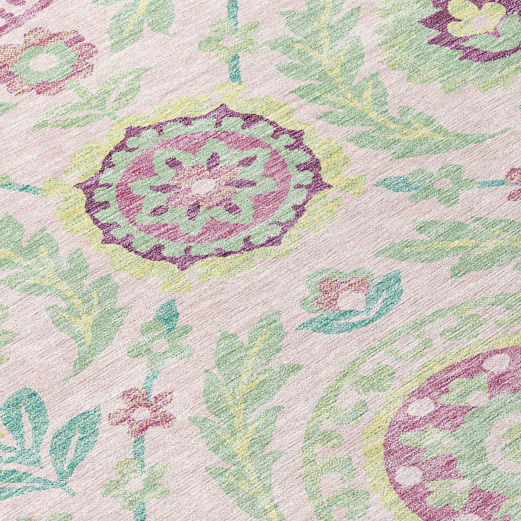 5' X 8' Pink Mauve And Mint Green Floral Washable Indoor Outdoor Area Rug