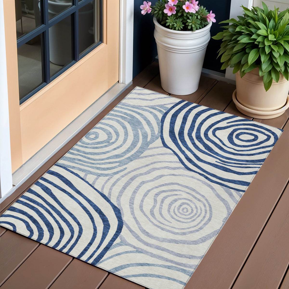 3' X 5' Ivory And Navy Blue Abstract Washable Indoor Outdoor Area Rug