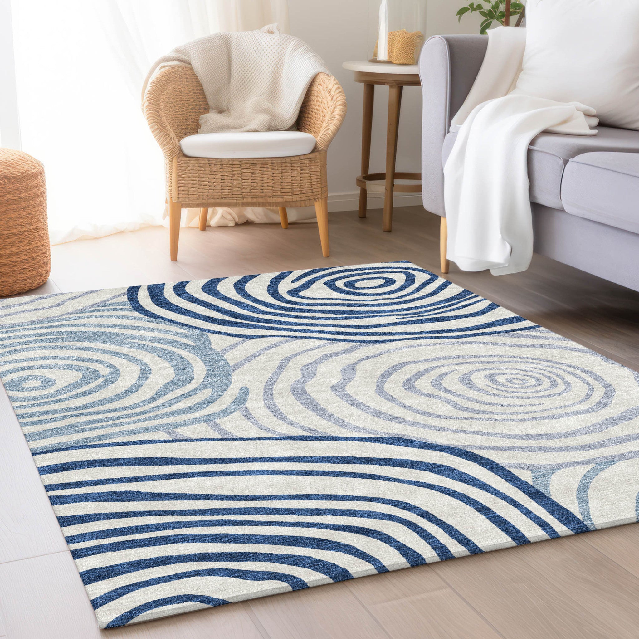 3' X 5' Ivory And Navy Blue Abstract Washable Indoor Outdoor Area Rug