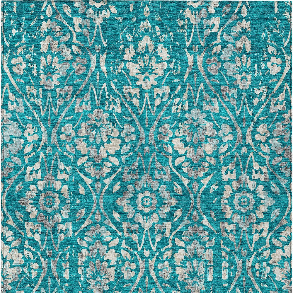 8' X 10' Teal Blue And Ivory Floral Washable Indoor Outdoor Area Rug