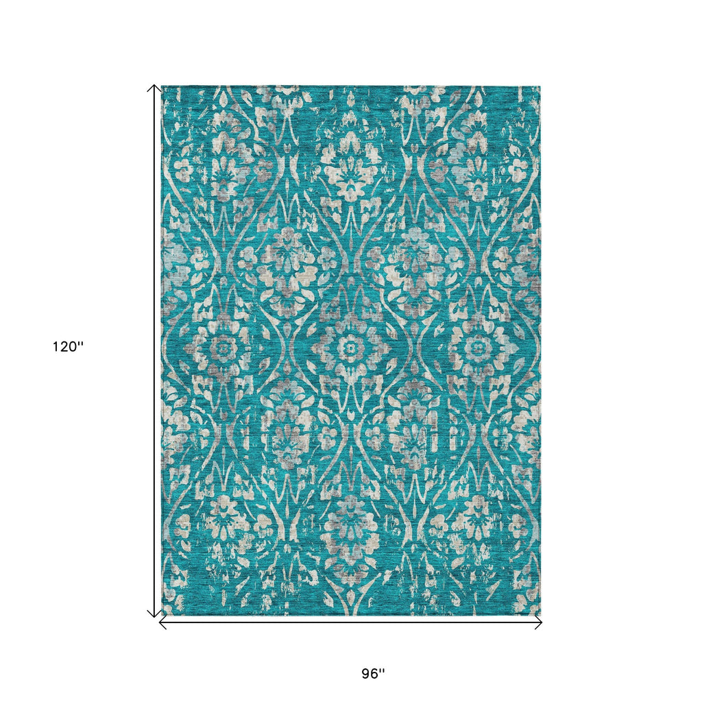 8' X 10' Teal Blue And Ivory Floral Washable Indoor Outdoor Area Rug
