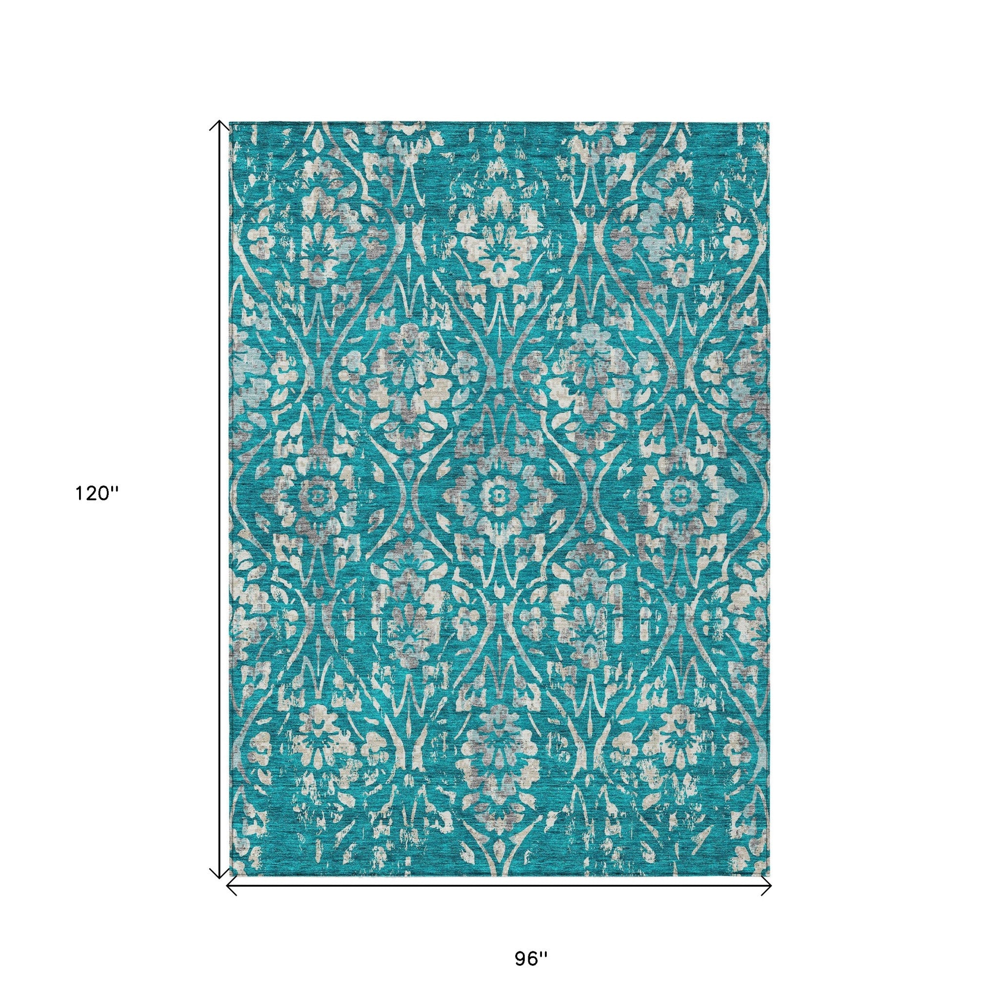 8' X 10' Teal Blue And Ivory Floral Washable Indoor Outdoor Area Rug