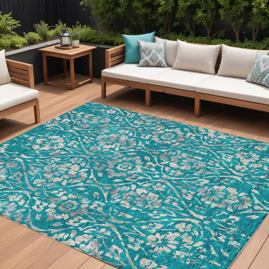 8' X 10' Teal Blue And Ivory Floral Washable Indoor Outdoor Area Rug