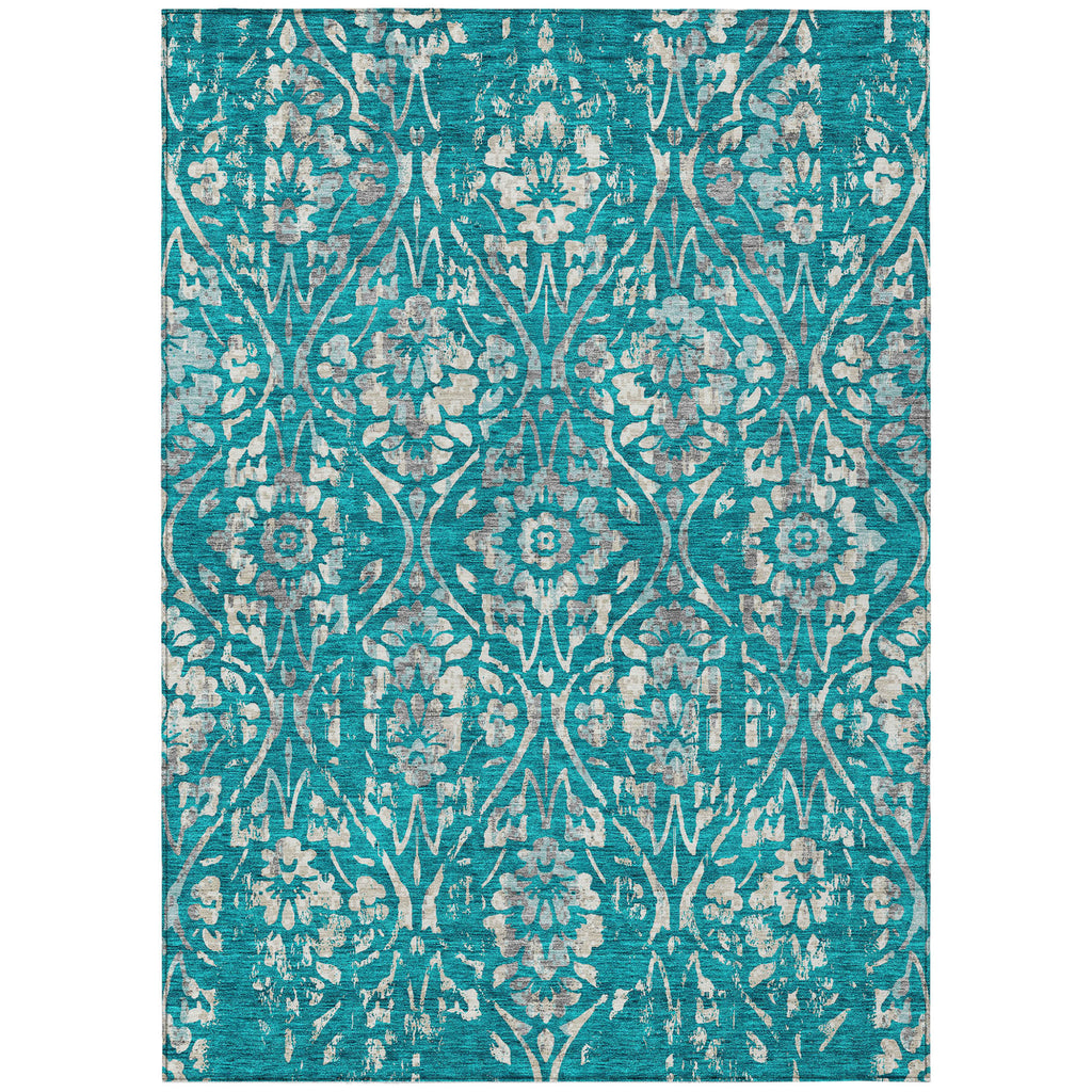 8' X 10' Teal Blue And Ivory Floral Washable Indoor Outdoor Area Rug