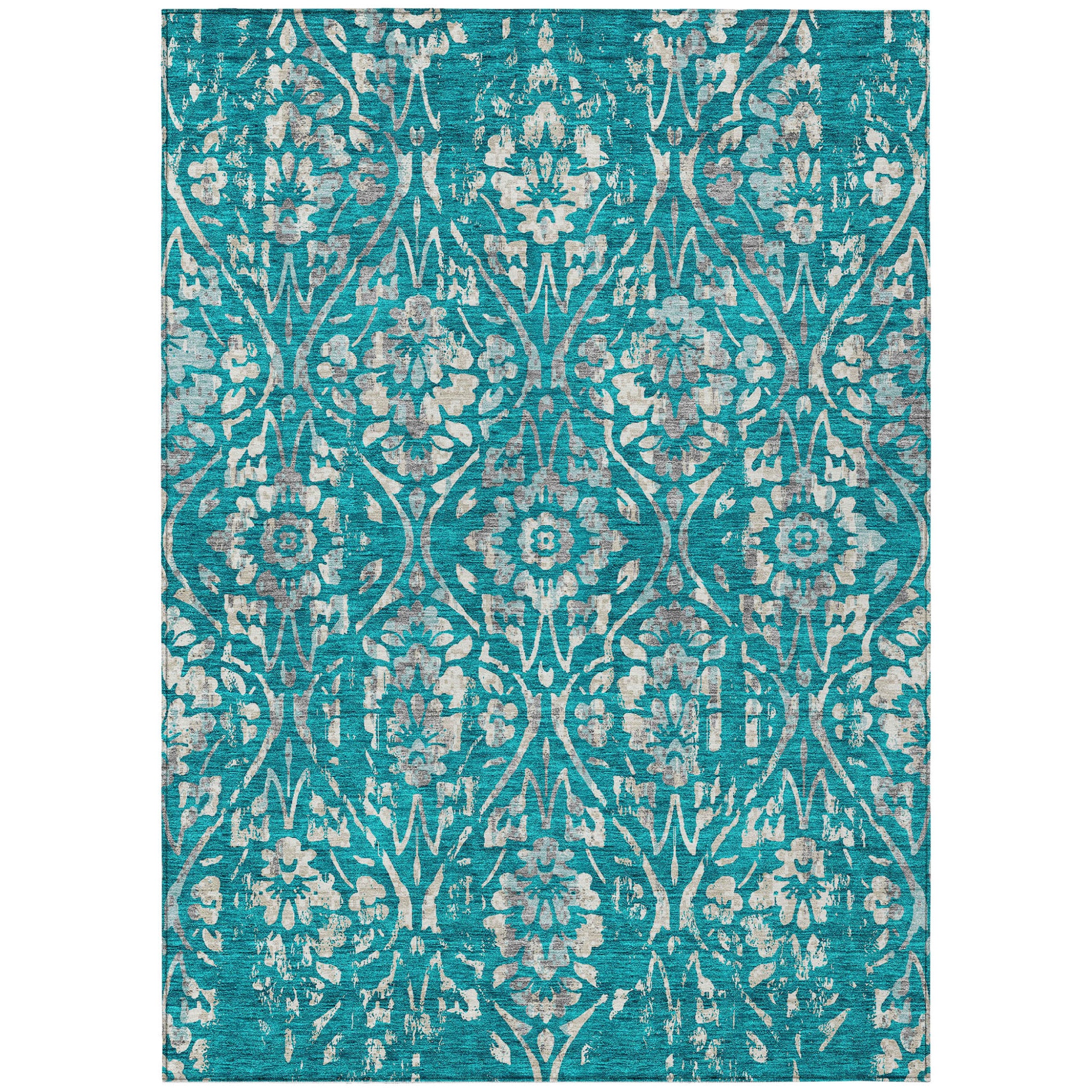 8' X 10' Teal Blue And Ivory Floral Washable Indoor Outdoor Area Rug