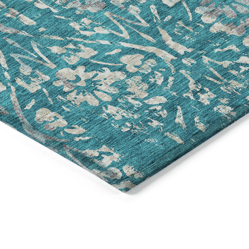 8' X 10' Teal Blue And Ivory Floral Washable Indoor Outdoor Area Rug
