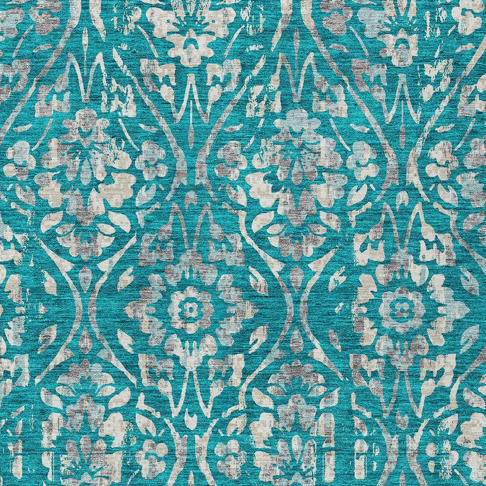 8' X 10' Teal Blue And Ivory Floral Washable Indoor Outdoor Area Rug