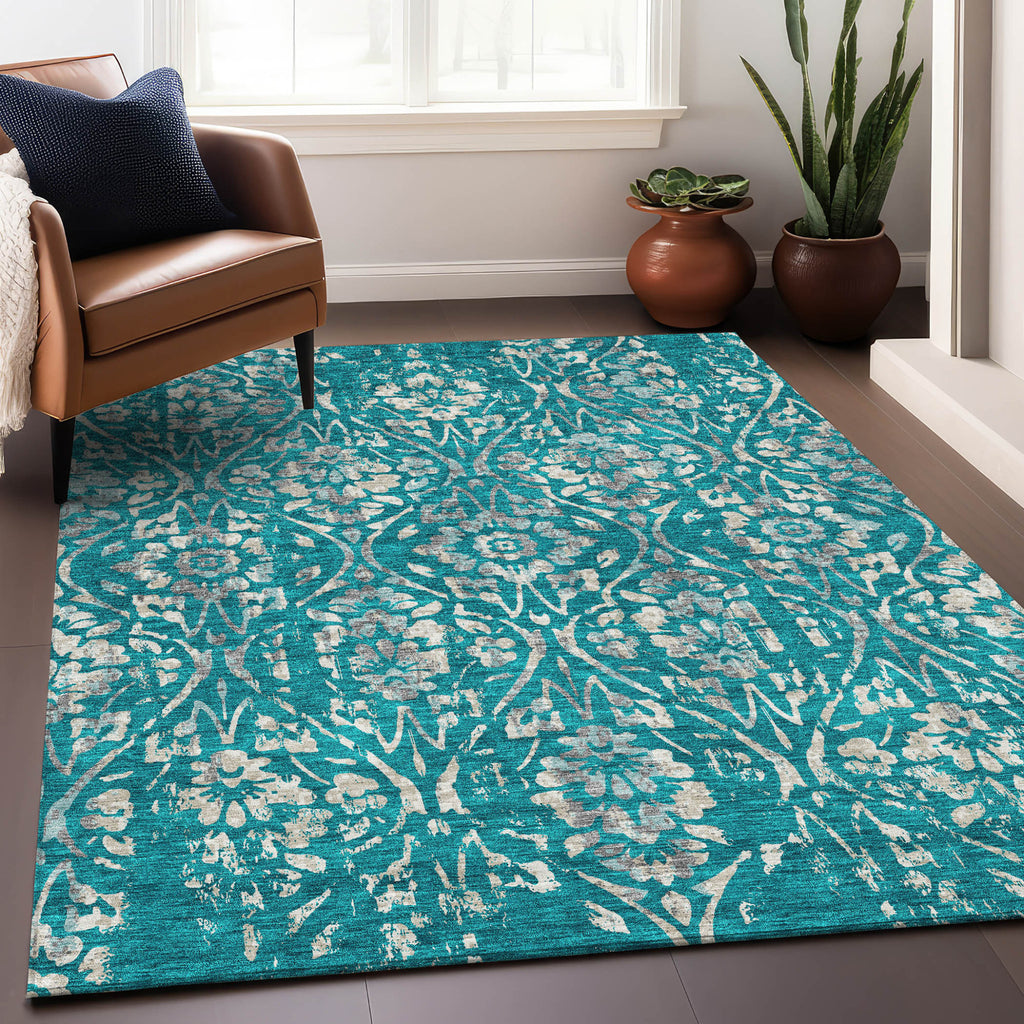 8' X 10' Teal Blue And Ivory Floral Washable Indoor Outdoor Area Rug