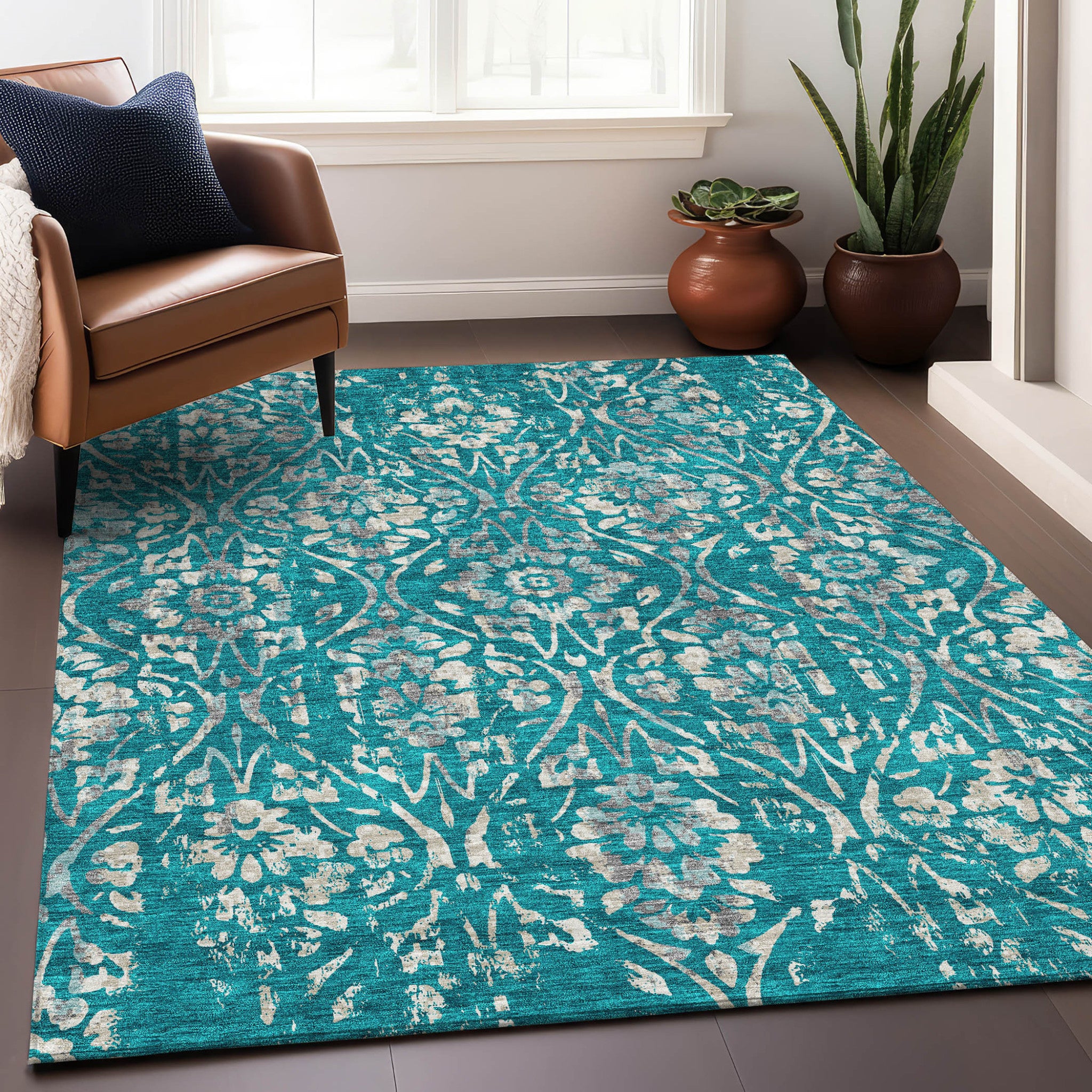 8' X 10' Teal Blue And Ivory Floral Washable Indoor Outdoor Area Rug