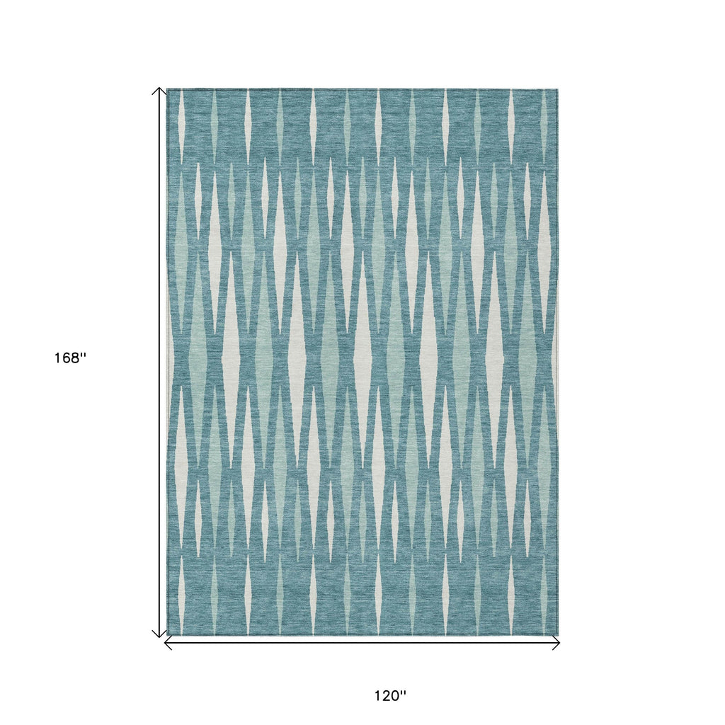 10' X 14' Teal Blue And Ivory Geometric Washable Indoor Outdoor Area Rug