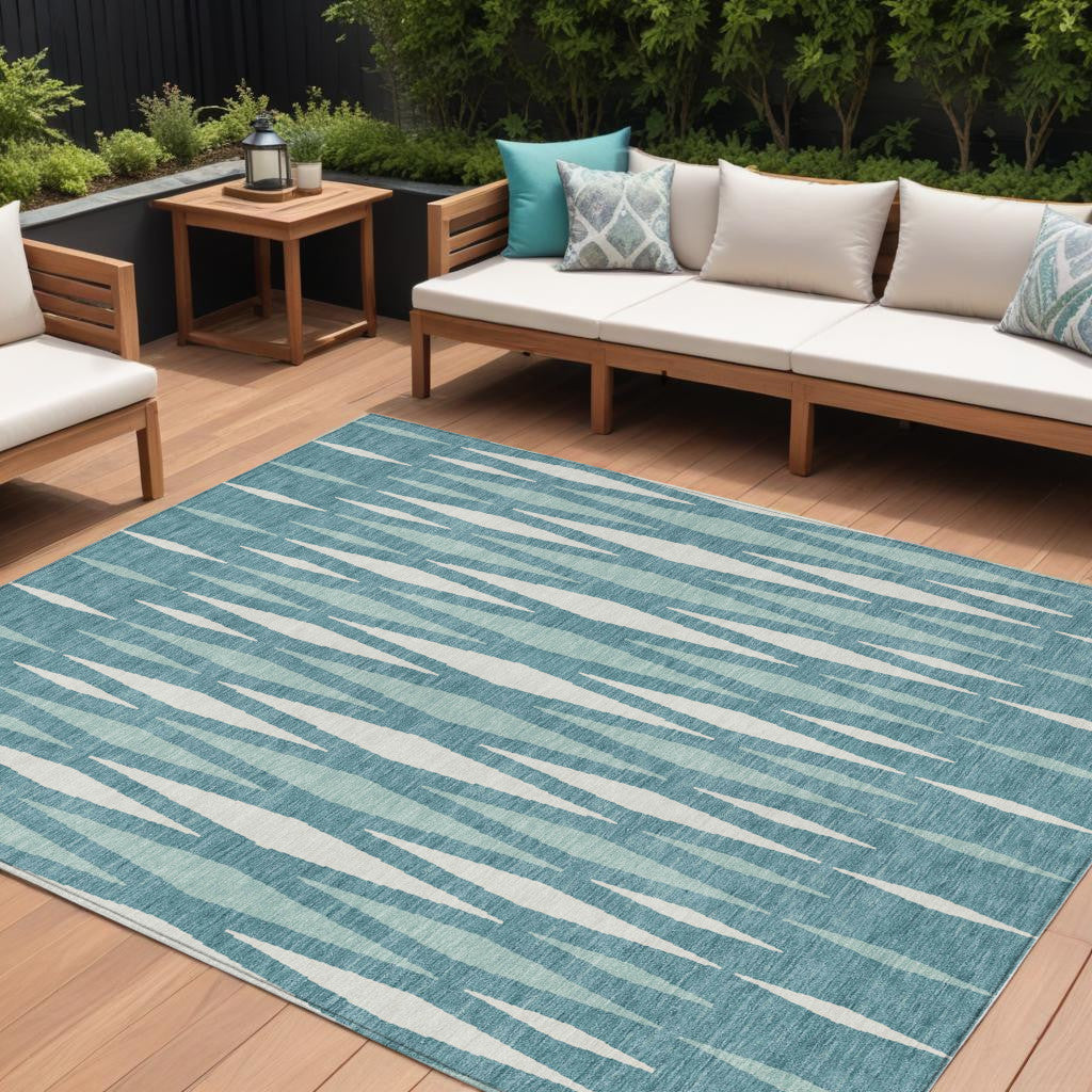 10' X 14' Teal Blue And Ivory Geometric Washable Indoor Outdoor Area Rug