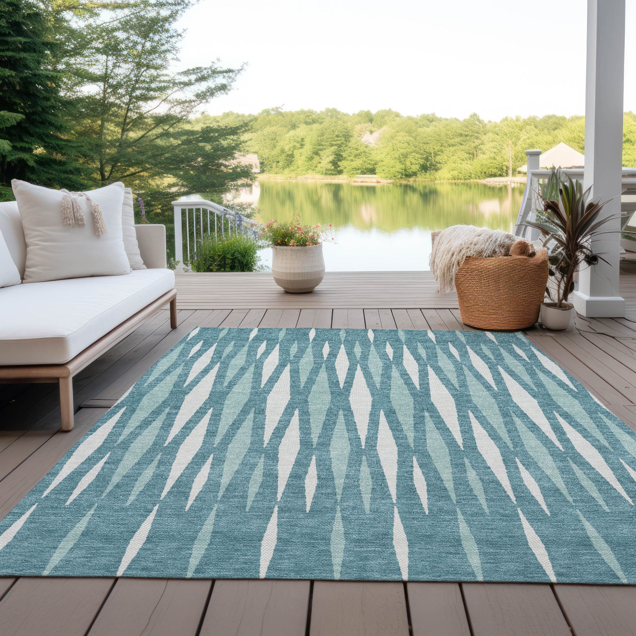 10' X 14' Teal Blue And Ivory Geometric Washable Indoor Outdoor Area Rug