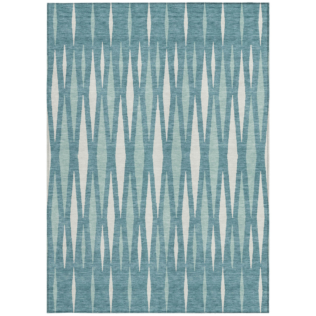 10' X 14' Teal Blue And Ivory Geometric Washable Indoor Outdoor Area Rug