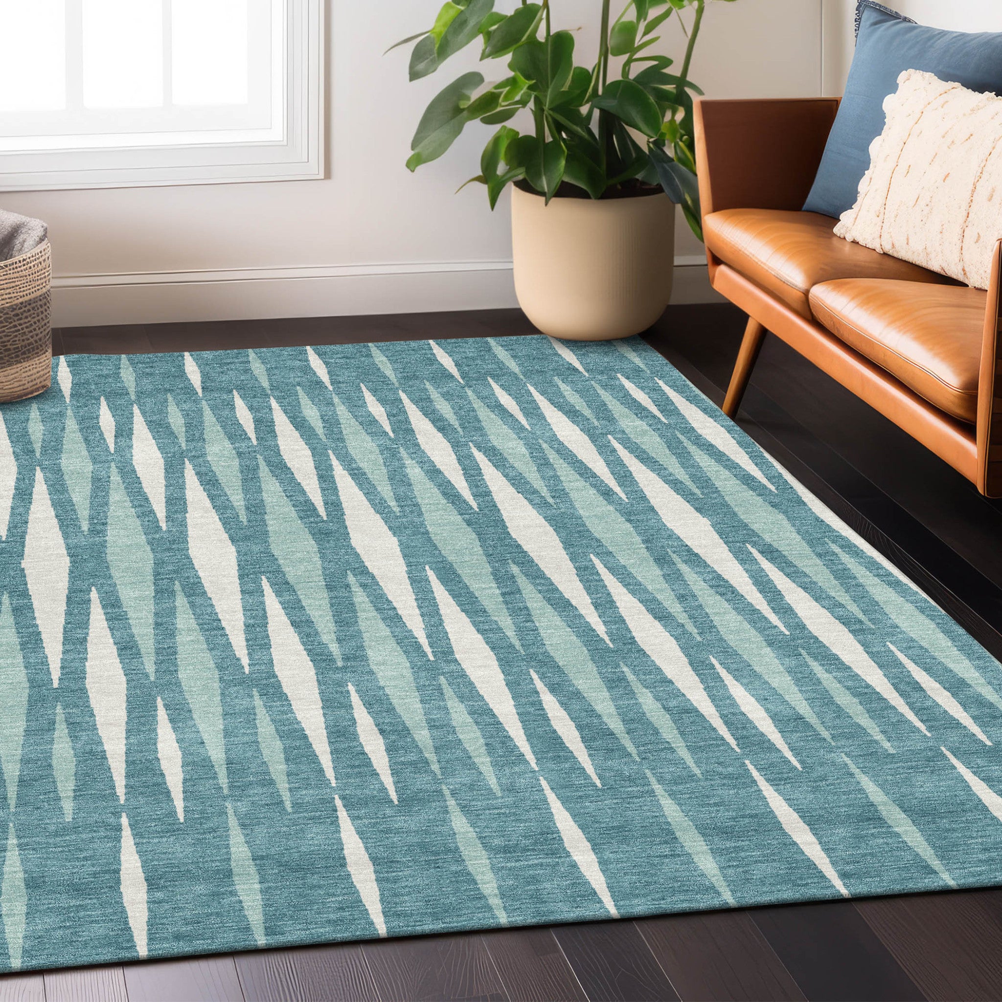 10' X 14' Teal Blue And Ivory Geometric Washable Indoor Outdoor Area Rug