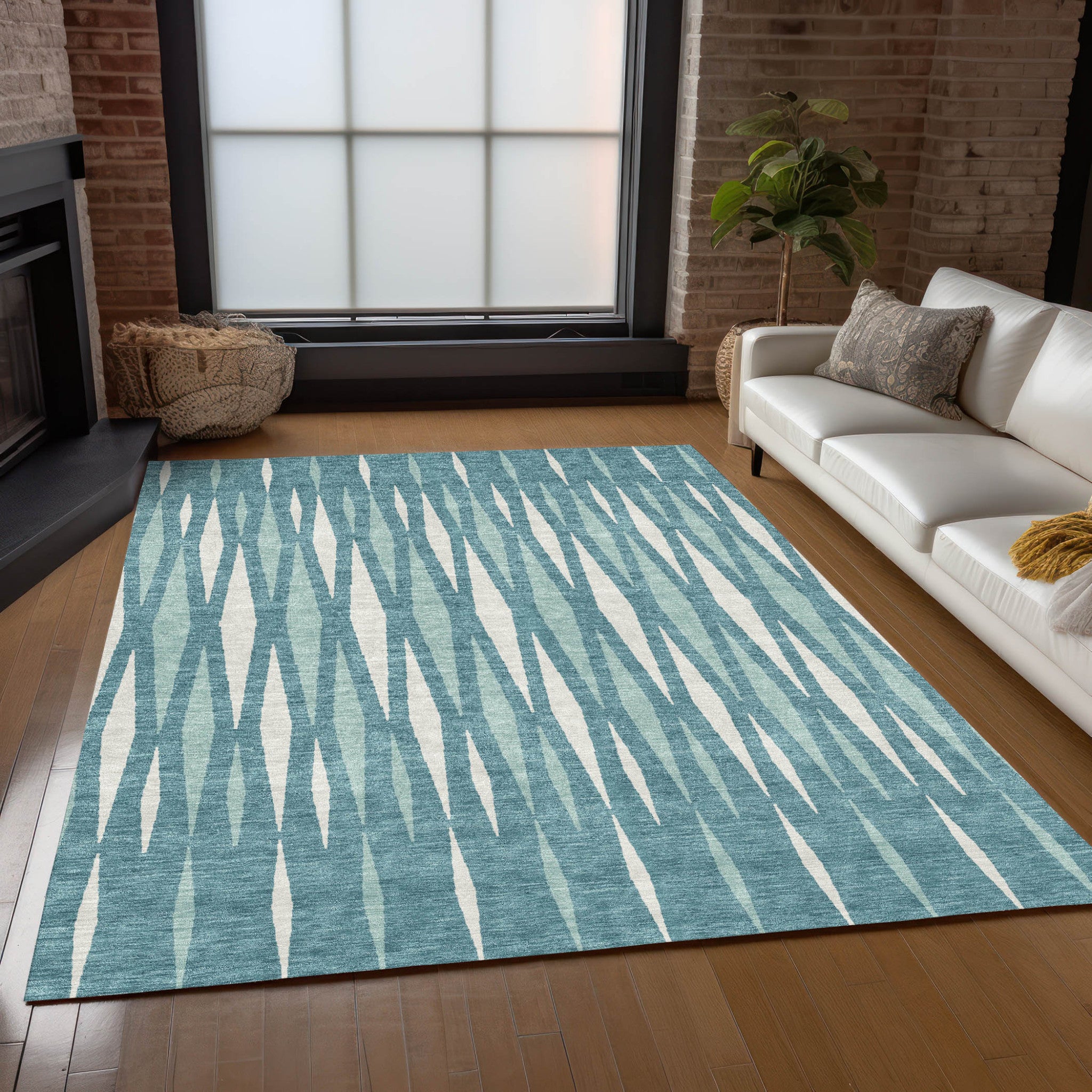 10' X 14' Teal Blue And Ivory Geometric Washable Indoor Outdoor Area Rug