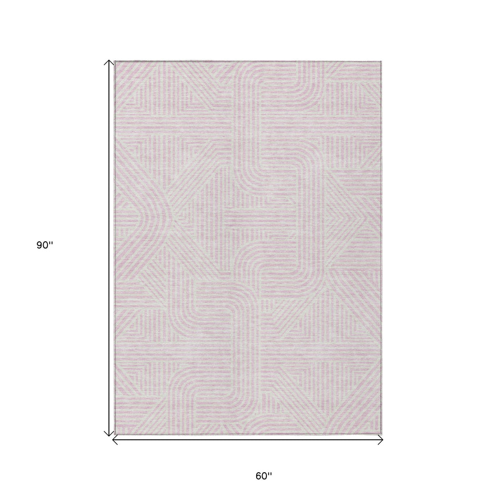 5' X 8' Pink And Ivory Abstract Washable Indoor Outdoor Area Rug