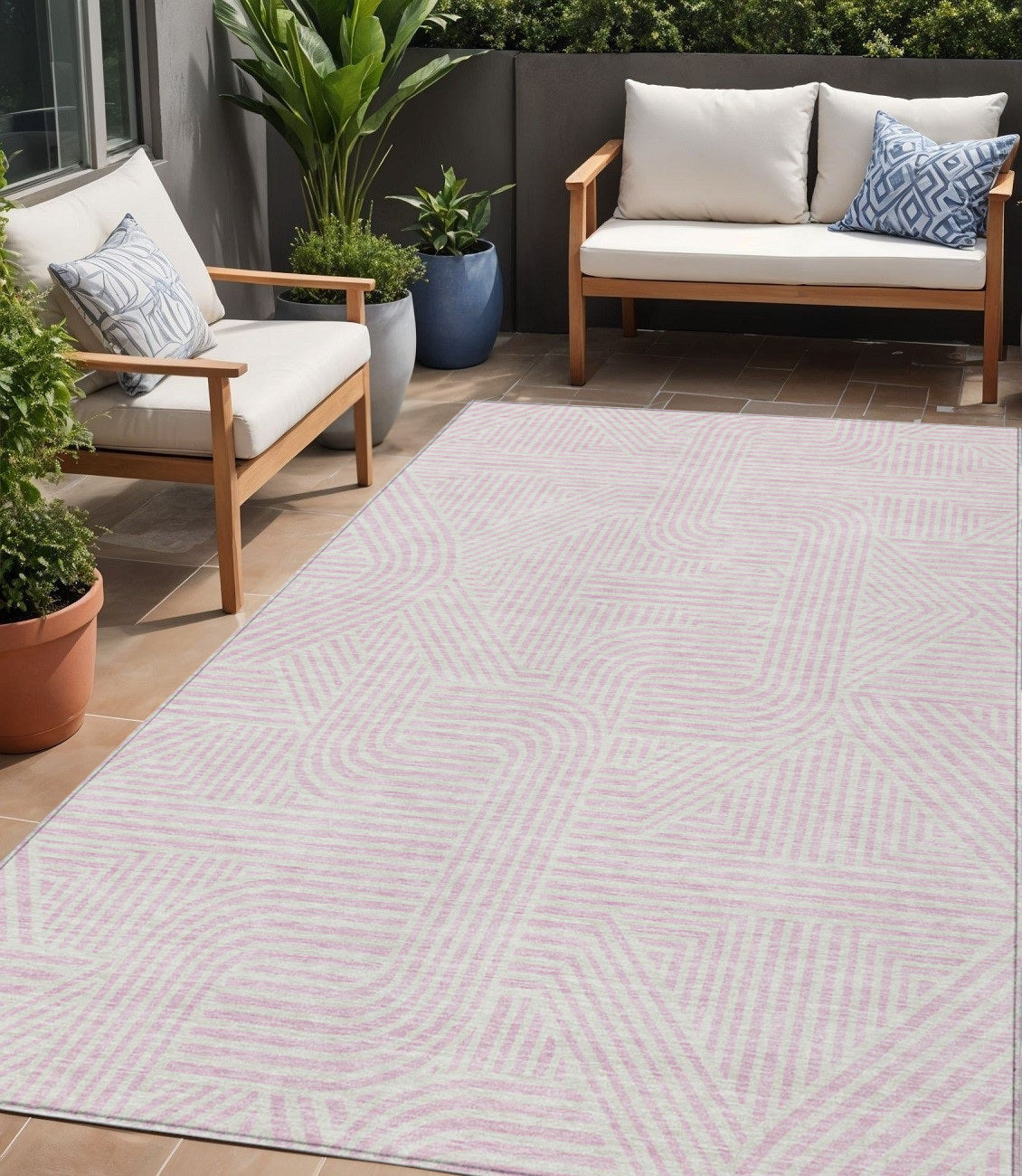 5' X 8' Pink And Ivory Abstract Washable Indoor Outdoor Area Rug