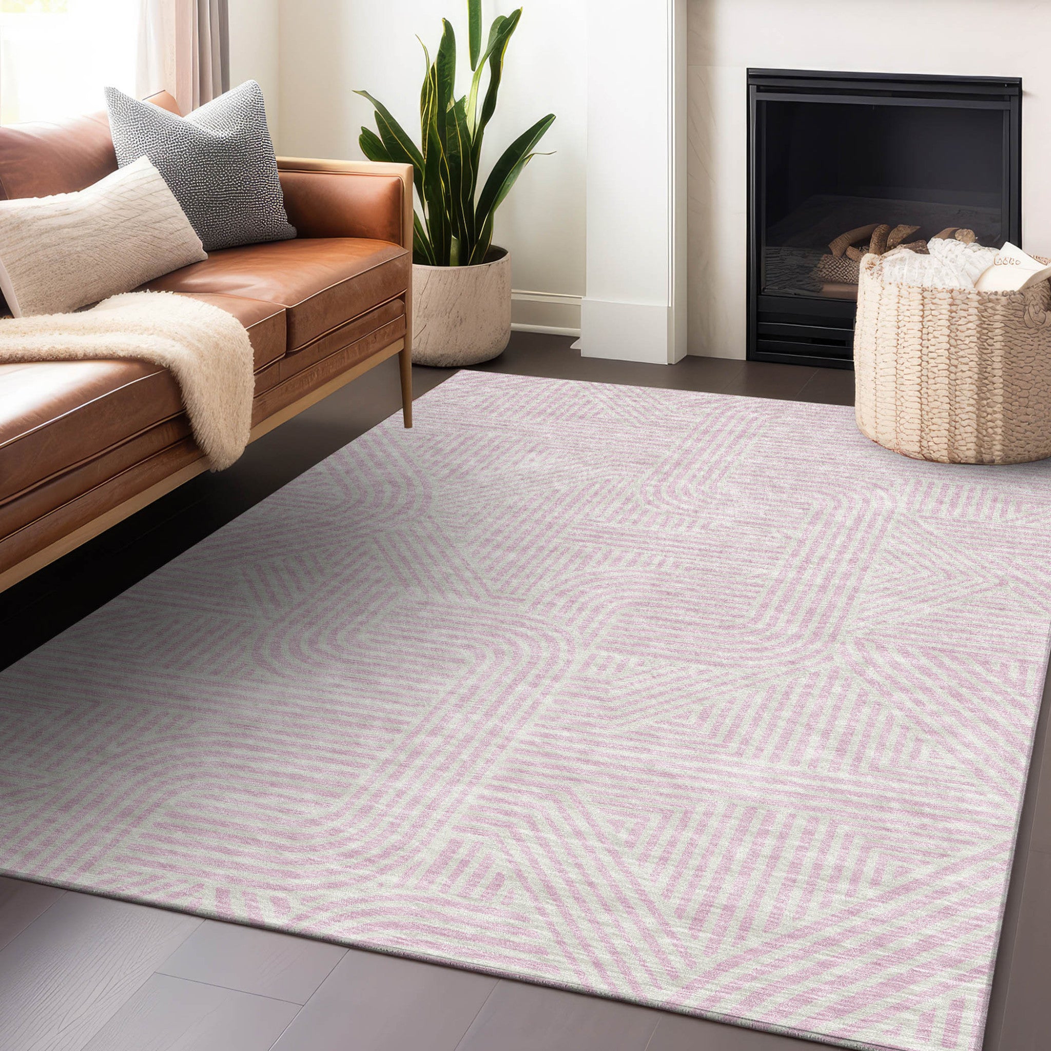 5' X 8' Pink And Ivory Abstract Washable Indoor Outdoor Area Rug
