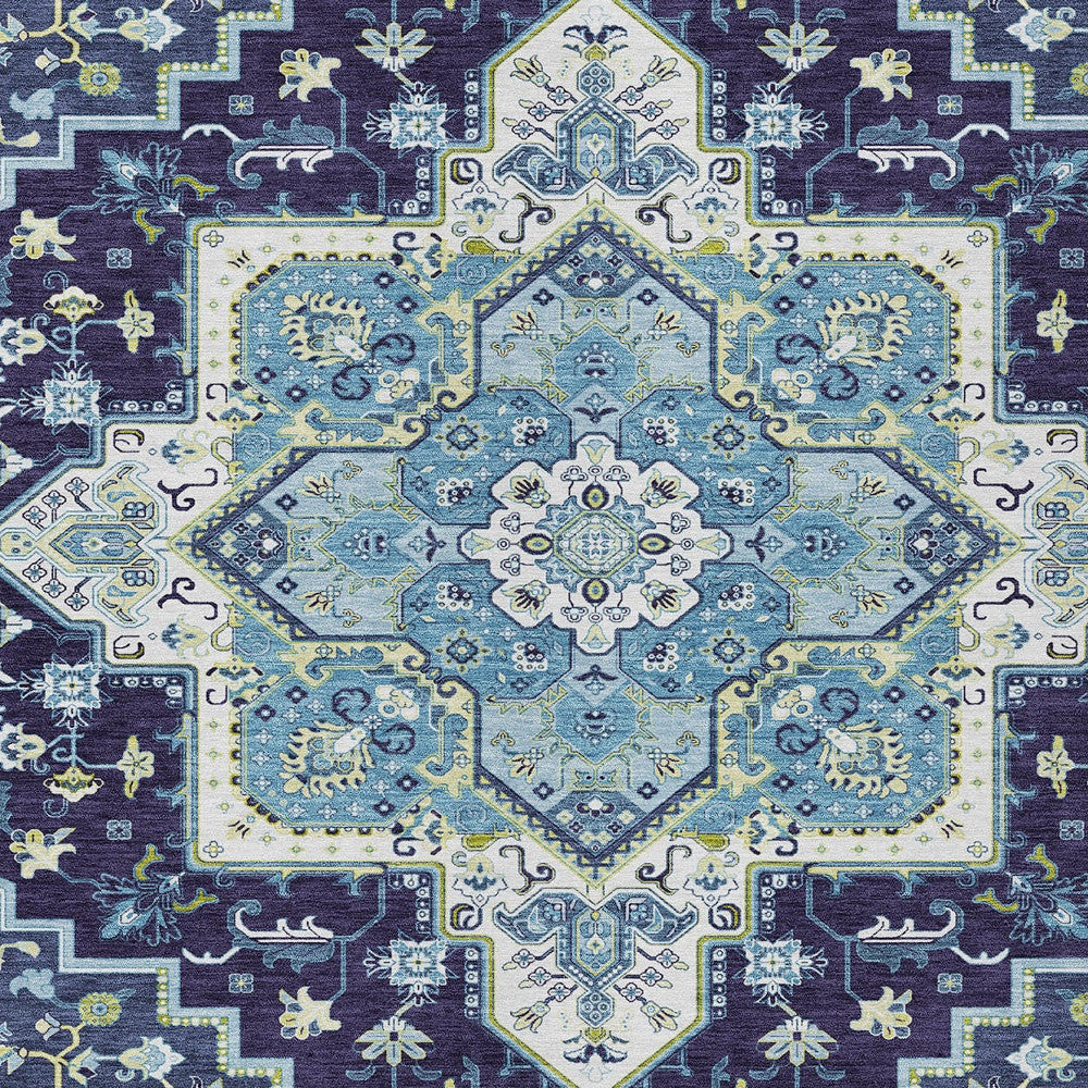 9' X 12' Navy Blue Ivory And Black Oriental Washable Indoor Outdoor Area Rug