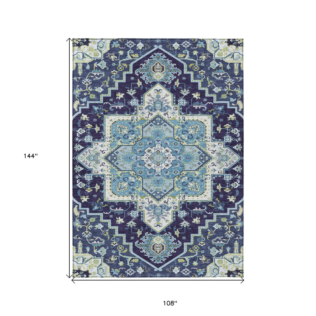 9' X 12' Navy Blue Ivory And Black Oriental Washable Indoor Outdoor Area Rug