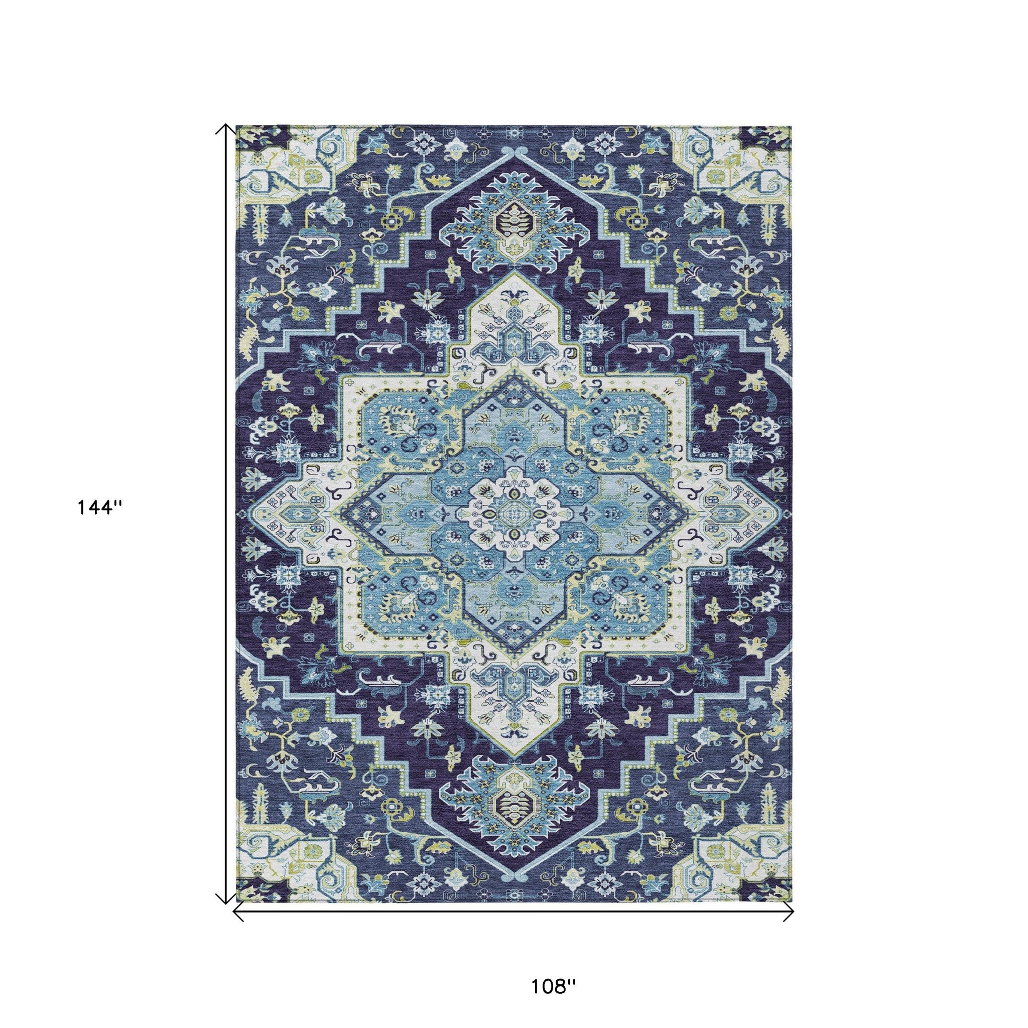 9' X 12' Navy Blue Ivory And Black Oriental Washable Indoor Outdoor Area Rug