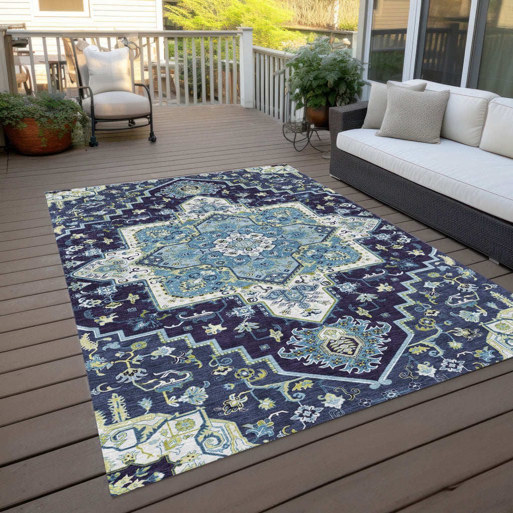 9' X 12' Navy Blue Ivory And Black Oriental Washable Indoor Outdoor Area Rug