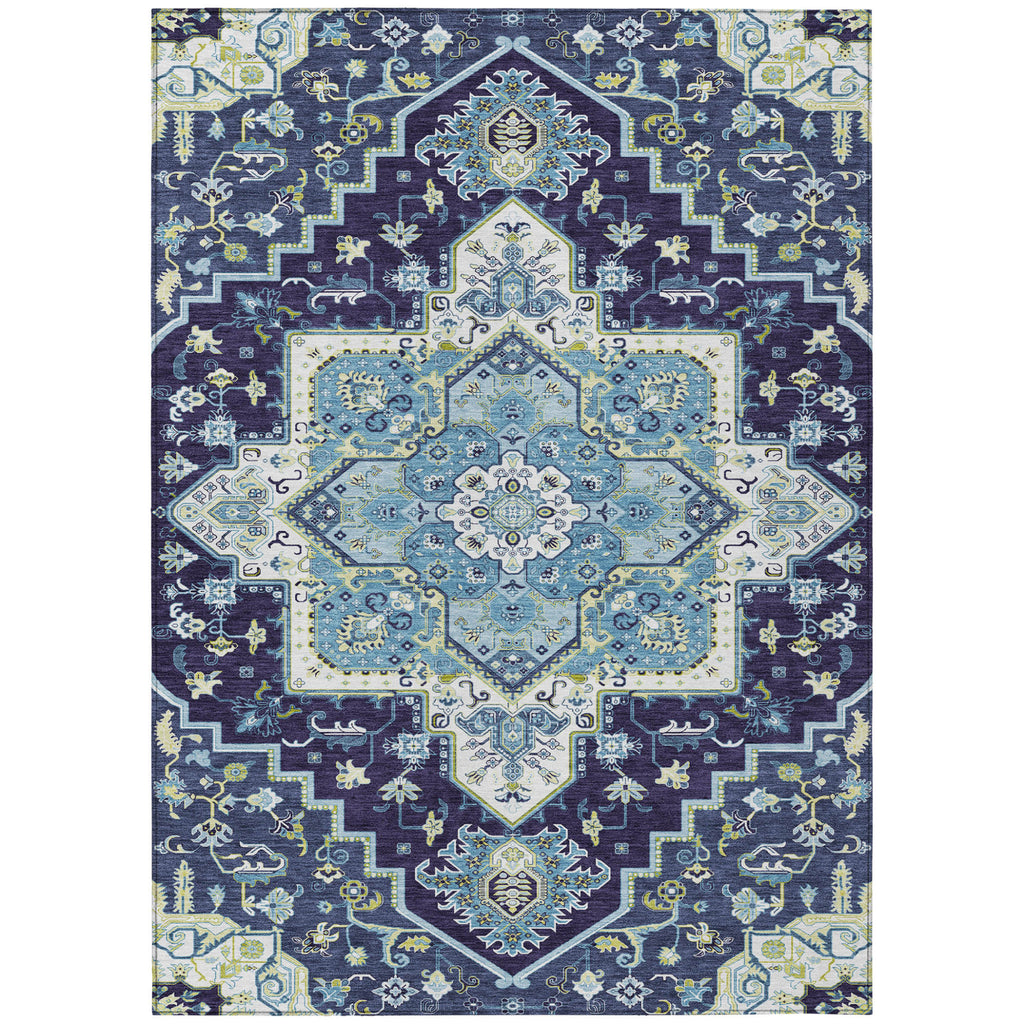 9' X 12' Navy Blue Ivory And Black Oriental Washable Indoor Outdoor Area Rug