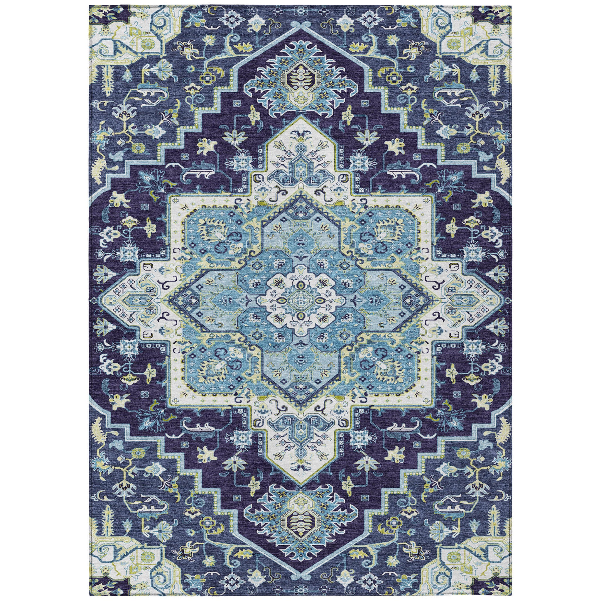 9' X 12' Navy Blue Ivory And Black Oriental Washable Indoor Outdoor Area Rug