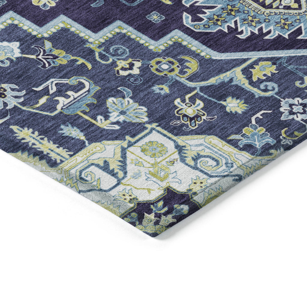 9' X 12' Navy Blue Ivory And Black Oriental Washable Indoor Outdoor Area Rug