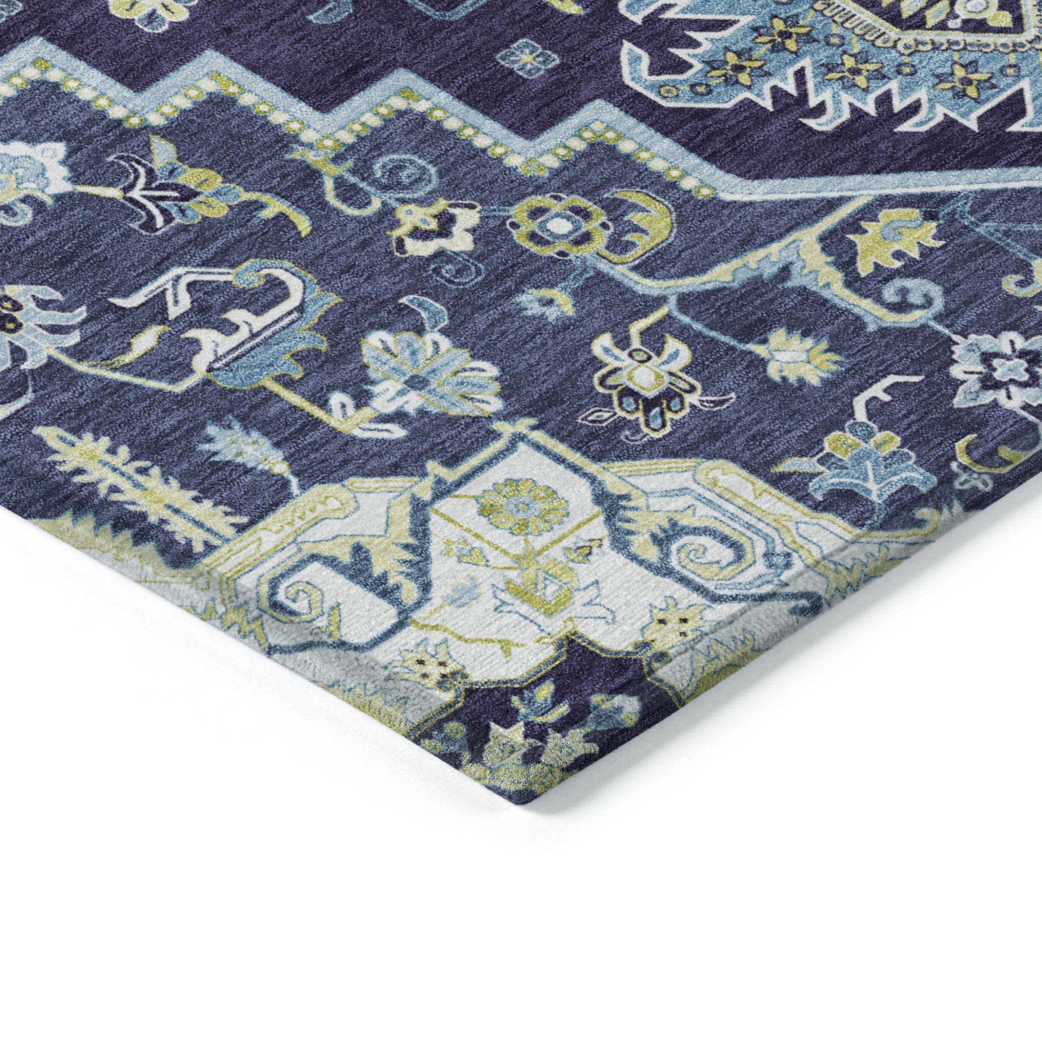 9' X 12' Navy Blue Ivory And Black Oriental Washable Indoor Outdoor Area Rug