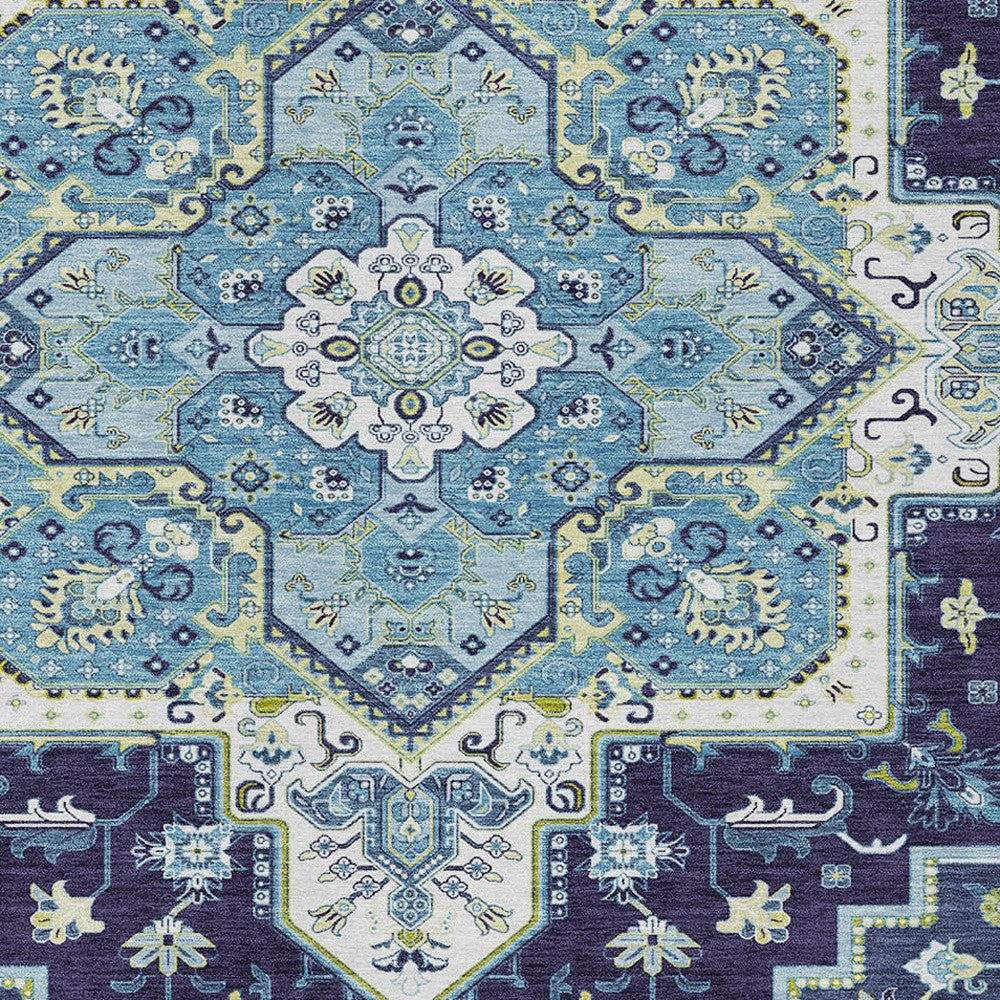 9' X 12' Navy Blue Ivory And Black Oriental Washable Indoor Outdoor Area Rug