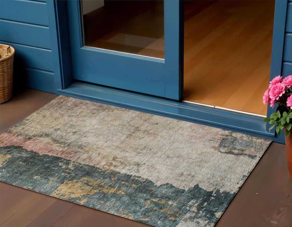 3' X 5' Taupe Blue And Lavender Abstract Washable Indoor Outdoor Area Rug