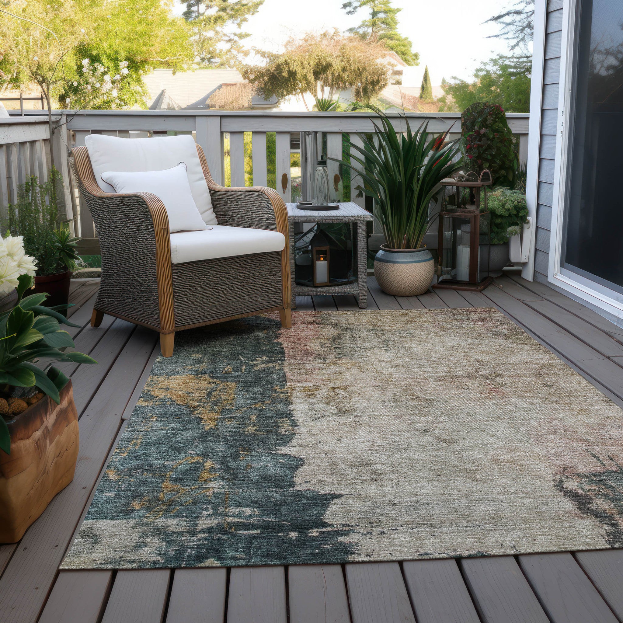 3' X 5' Taupe Blue And Lavender Abstract Washable Indoor Outdoor Area Rug