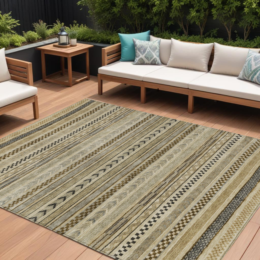 10' X 14' Chocolate And Taupe Striped Washable Indoor Outdoor Area Rug