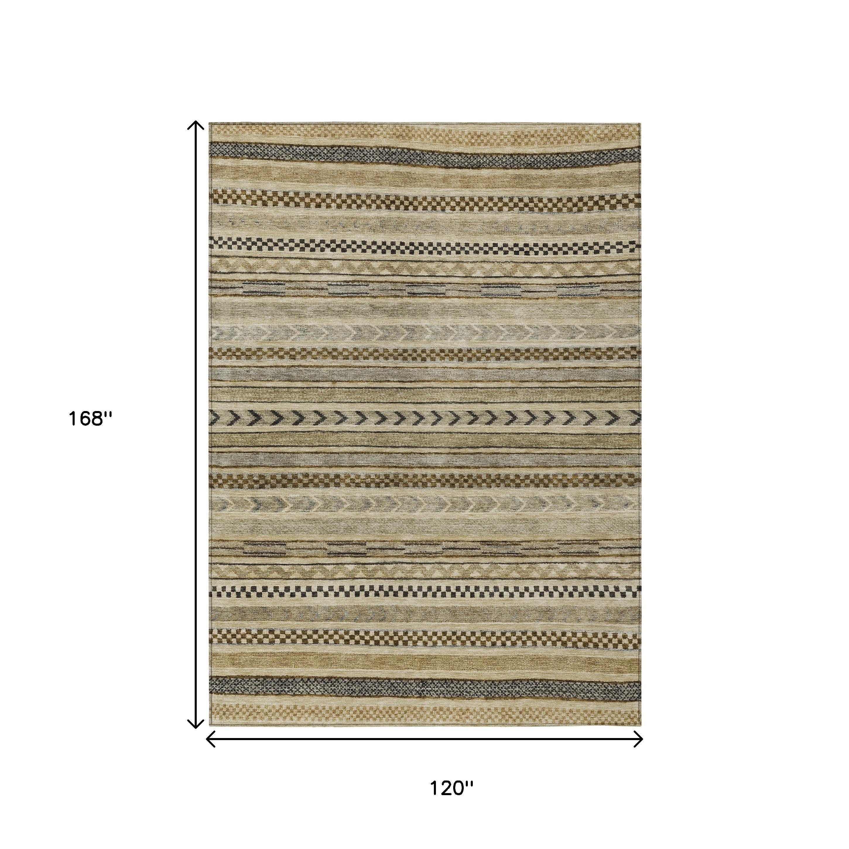 10' X 14' Chocolate And Taupe Striped Washable Indoor Outdoor Area Rug