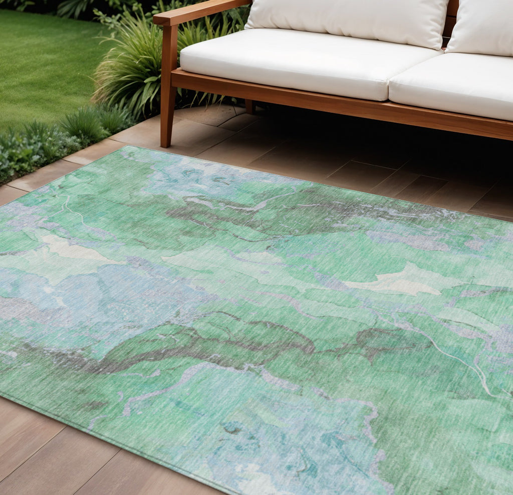 8' X 10' Pale Aqua And Mint Green Abstract Washable Indoor Outdoor Area Rug